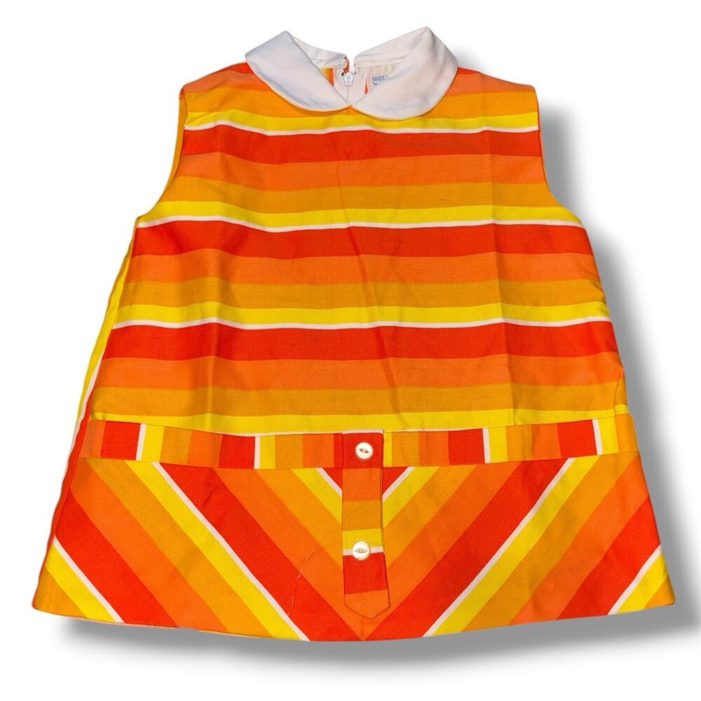 Vintage 1970s Mod Retro Cuckoo Toddler Dress Orange Yellow Stripe New Cotton 2T